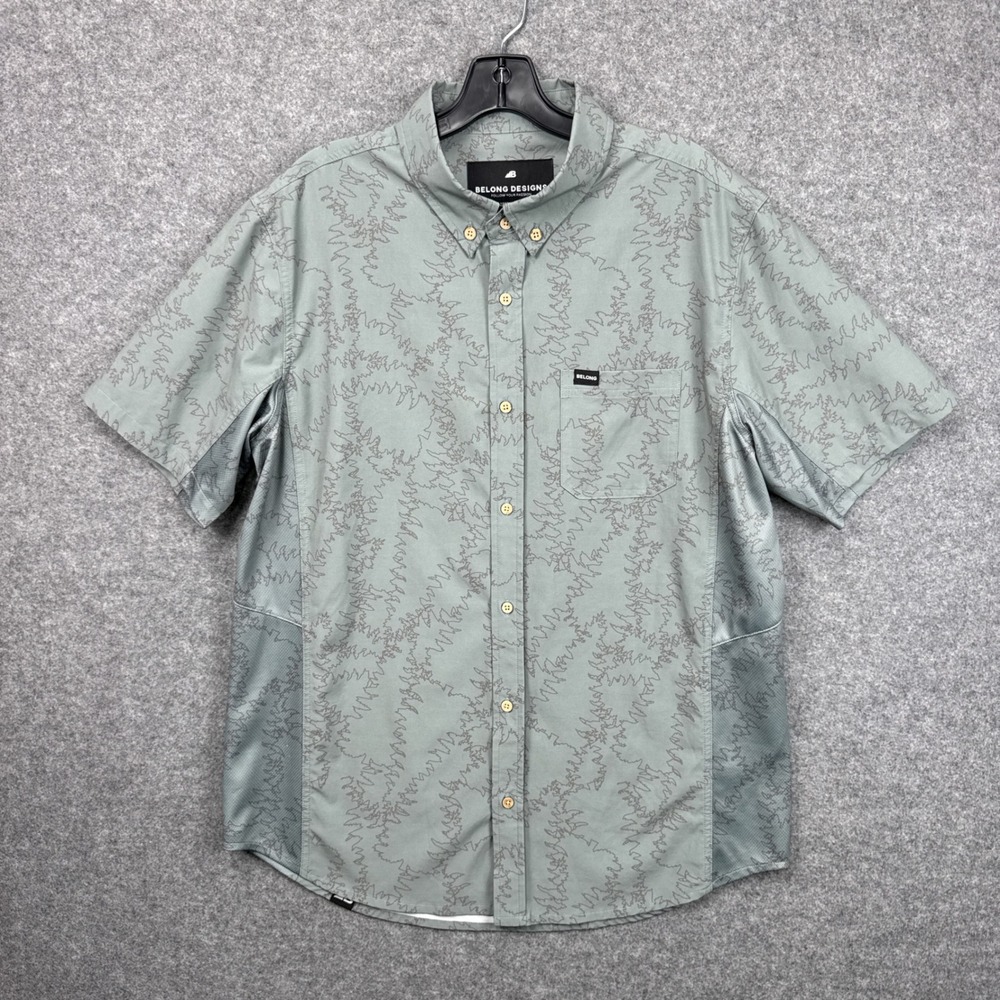 Belong Designs Mens XL Sage Green Topo Print Performance Short Sleeve Shirt